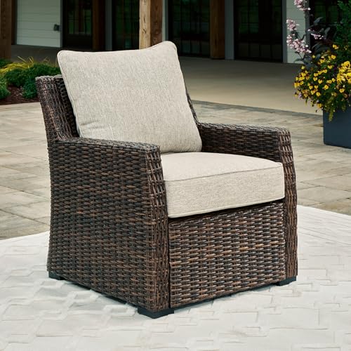 Image of Signature Design by Ashley Brook Ranch Casual Nuvella Weather Resistant Fabric Outdoor Lounge Chair with Cushion, Dark Brown & Beige