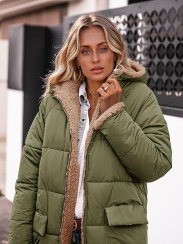 Tankaneo Womens Reversible Puffer Jackets Sherpa Lined Fleece Winter Coats Casual Zip Up Hooded Warm Outerwear2