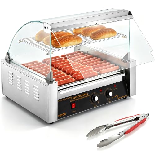 VEVOR Hot Dog Roller, 30 Hot Dog Capacity 11 Rollers, 1800W Stainless Steel Cook Warmer Machine w/Cover &amp; Dual Temp Control, LED Light &amp; Detachable Drip Tray, Sausage Grill Cooker for Kitchen Canteen