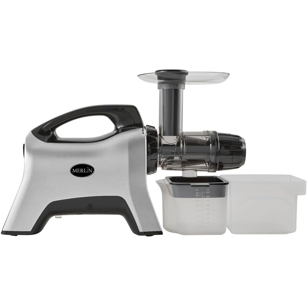 Extractor de jugo Merlin MNC700S - Modelo Premium a presión en frío 200 W- Extracción lenta 80 rpm - Alto rendimiento - Frutas, Verduras, Hierbas y Jugos Verdes - Libre BPA - Gris Silver