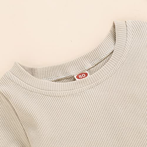 2Pcs Toddlers Baby Girls Summer Clothes Set Ruffle Ribbed Knit Short Sleeves T-Shirt Tops Shorts Cotton Outfits (Beige , 4-5 Years ) #TOP1