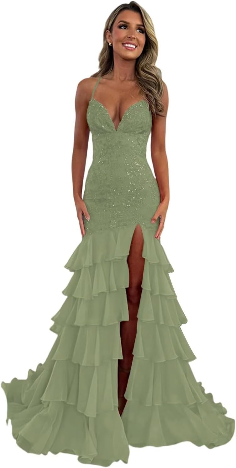 Maxianever Tiered Mermaid Prom Dresses for Women 2026 Long V Neck Lace Formal Cocktail Dress