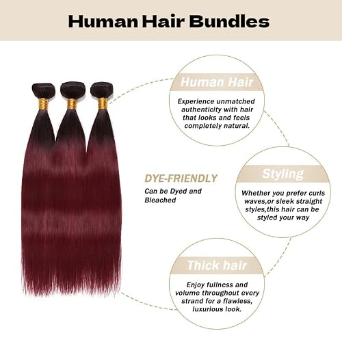 KODRHAR T1B/99J Bundles Human Hair 10 12 14 Inch Ombre Burgundy Straight Human Hair Bundles Raw Brazilian Virgin Remy Quick Weave for Black Women — view 2