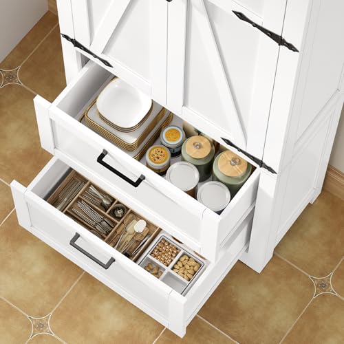Image of TEENFON 66.1 inch H Storage Cabinet with 2 Drawers, Farmhouse Kitchen Pantry Cabinet with 2 Doors & Adjustable Shelf, Bathroom Cabinet, for Living Room, Kitchen, Bathroom, White