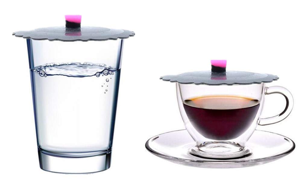 JSSSet of 2 Round Silicone Mug Coffee Cup Cap, Seal Air Tight Drink Cup Lid, Tea Glass Cup Cover, Spill Proof Suction Lid Tumblers (Grey)