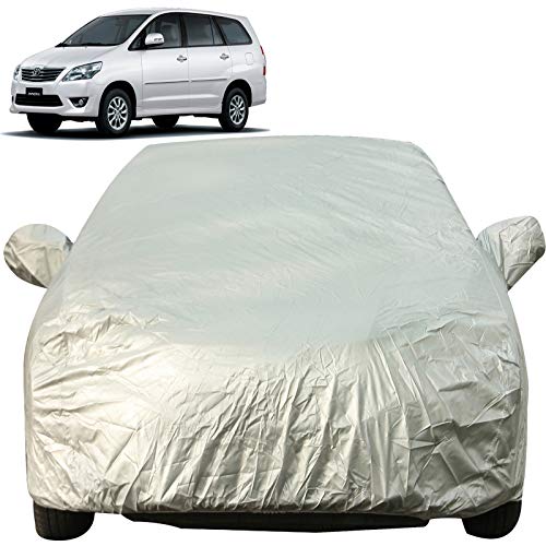 Image of Autofact Waterproof Car Body Cover with Mirror Pockets Compatible for Toyota Innova (2000 to 2016) (Triple Stitched, Bottom Fully Elastic, Light Grey 2 X 2 Matty)