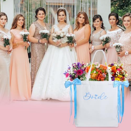 Bolsa Tote de Lona para Novia con Lazos de Satén Azules miniatura 7