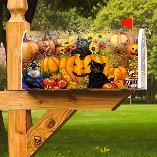 Image of Texupday Fall Harvest Sunflower Pumpkin Black Cat Mailbox Cover with Magnetic Strip Autumn Thanksgiving Mailbox Wraps Post Letter Box Cover Standard Size 21 inch X 18 inch for Garden Outdoor Yard Decor