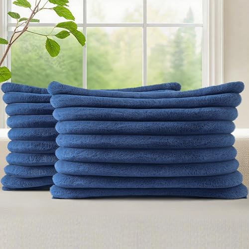 Image of decorUhome Fall Faux Fur Throw Pillow Covers 12x20 Set of 2 Decorative Soft Plush Striped Lumbar Coastal Modern Farmhouse Boho Couch Pillow Cases with Velvet Back for Sofa Bed Living Room, Blue