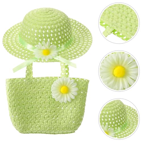 1 Set of Little Girls Straw Hat Summer Sunshade Hat Hand Bag Straw Beach Hat Cute Hand Bag Light Green3