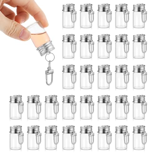 Caeuiciw 36 Pcs 7ml Small Glass Bottle Keychain Bulk Mini Glass Bottle Keychain with Aluminum Lid...