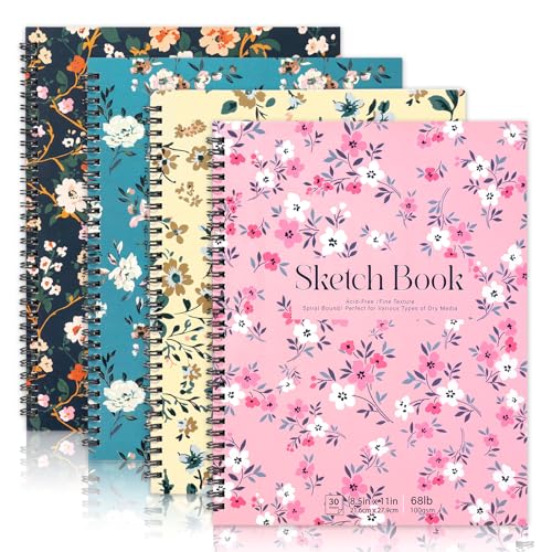 4 Pack Sketch Book 8.5 x 11Inch Sketchbook 68lb/100gsm Spiral Bound Sketch Pad Acid Free Art Supplies Drawing Painting Sketching Paper for Woman Artists (30 Sheets Each)