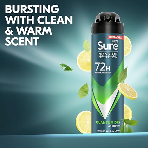 Sure Men Quantum Dry Nonstop Protection Anti-Perspirant Aerosol Spray deodorant for men with MotionSense technology for 72-hour sweat and odour protection 6x 150 ml - Image 3
