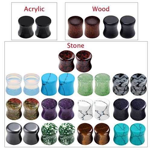 PiercingJ Acrylic Wood Mixed Stone Plugs - 16 Pairs/32 Pieces Set - Ear Tunnels & Gauges - Double Flared Ear Expander Set2