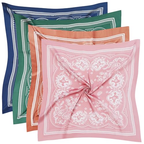 Image of Fishinsea 4 Pcs 27.5'' x 27.5'' Satin Silk Head Scarf Hair Scarves Large Bandanas Neck Scarf for Women Girls