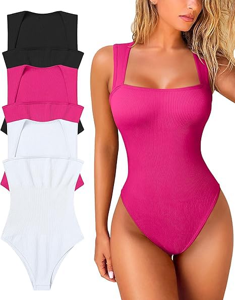 3-piece Bodysuits Shapewear For Women, Sexy Casual Ribbed Halter Square-neck Sleeveless Tight Fit Top, Abdominal Controller