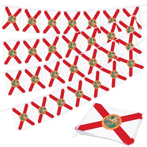 Image of 32.8 ft Florida Flag Banner, 30 Pcs Mini State String Flags, Red White Seal Bunting for Florida Day, Parades, Festivals, Home, Garden, and Outdoor Decorations