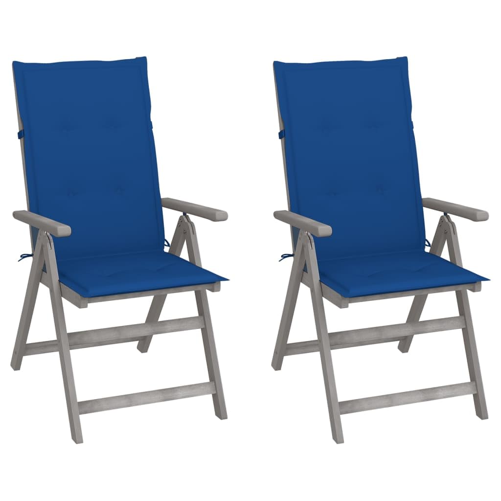 Poltrona da giardino in legno di acacia, 2 pezzi, con cuscini, colore grigio | Schienale regolabile in 5 posizioni, cuscini in poliestere impermeabile, portata fino a 110 kg