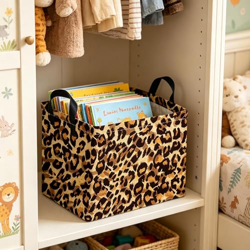 Image of Rectangular leopard print baskets,Kids Storage Bins,Collapsible Canvas Waterproof Storage Bin for Girls,Cute Organizer Box,Book baskets,baby room Decor(Leopard Print)