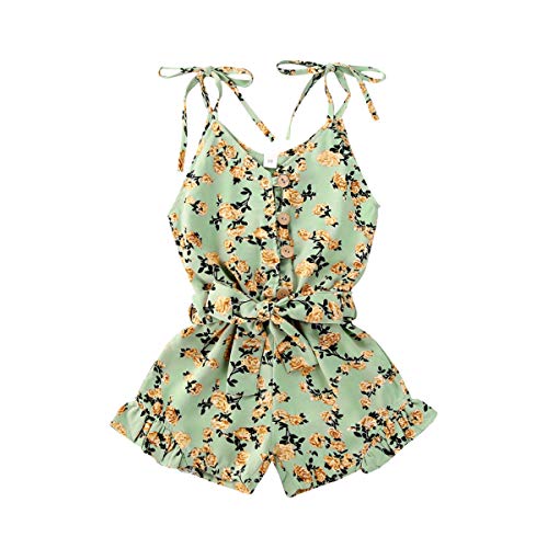 Toddler Kid Baby Girl Strap Sleeveless Romper Halter Heart Jumpsuit Bodysuit Shorts Overalls Summer Outfits Set (Floral Green, 3-4T)