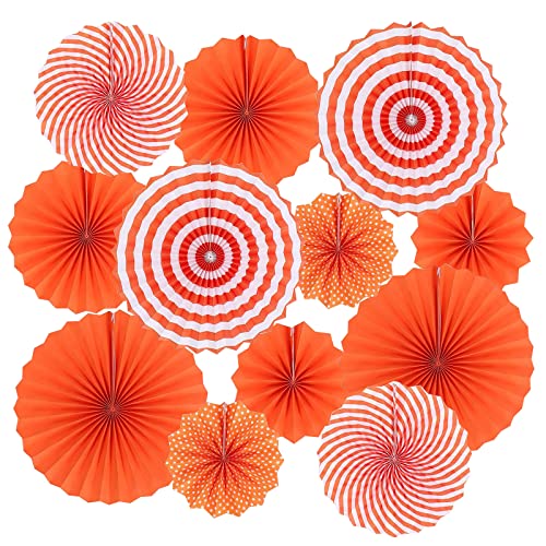 Image of LRCXL 12PCS Party Hanging Paper Fans Set, Fiesta Round Pattern Paper Garlands Decoration Party Supplies for New Year Baby Shower Birthday Wedding Graduation Events Accessories(Orange)