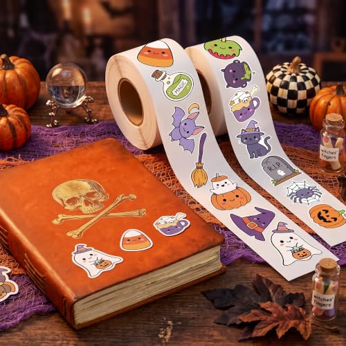 Image of Halloween Cute Sticker Rolls, 1000Pcs Pumpkin Cat Ghost Bat 2 Roll