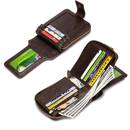 LUKZIJAES Genuine Leather Wallet for Men RFID Blocking Large Capacity Card Case with Zipper ID Window Coin Pocket (#2-Coffee)4