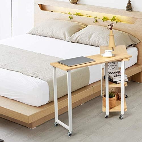 COSTWAY Corner Computer Desk, 360° Rotating Sofa Side Table Writing Desk with 2-Tier Storage Shelves, Mobile L-Shaped PC Laptop Workstation Couch Snack Table for Home Office Living Room (Natural)