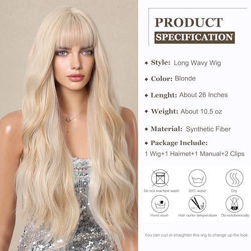 Esmee Long Wavy Mixed Blonde Wig for Women Natural Synthetic Hair Heat Resistant Blend Wigs with Fringe, 26 Inch (Pack of 1) - Image 2