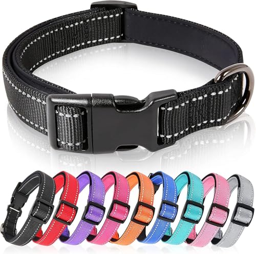 Image of HEELE Dog Collar, Reflective Dog Collar, Soft Neoprene Padded Breathable Nylon Pet Collar Adjustable for Small Dogs, Black, S(10.23-14.96 inch)