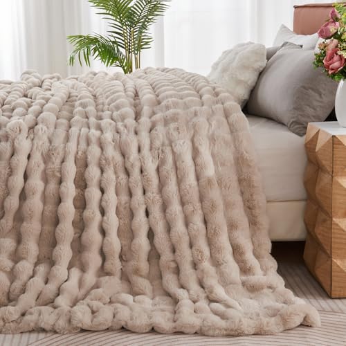 Lotus Karen Faux Fur Throw Blanket Linen - 800 GSM Bubble Rabbit Fluff Blanket for Couch Bed Sofa,Softest Fluffy Fuzzy Cozy Blanket,Thick Furry Plush Shaggy Warm Blankets for Women,90x90 Inches