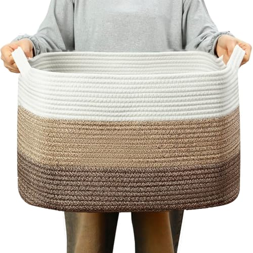 PandaEar Large Cotton Rope Basket with Handles, Rectangle Woven Storage Basket Organizer for Living Room, Blankets, Toys, Baby Nursery Laundry Baskets Toy Bin, 21.2 x 16.9 x 11.8 inches