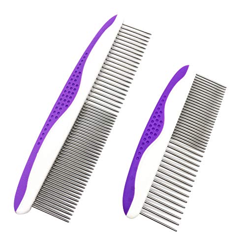 C&Y 2 Pack Dog Combs for Grooming, Small and Large Comb for Removes Tangles, Knots, Loose Fur and Dirt. Stainless Steel Teeth Comb with Rounded and Smooth Ends, Comfortable Non-Slip Handle Pet Comb