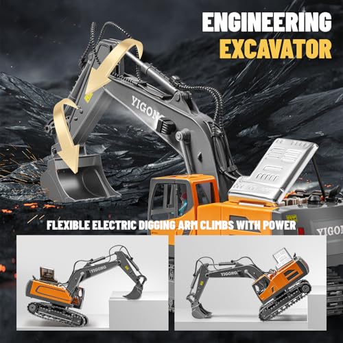 Image of Remote Control Excavator, Construction Rc Digger for Kids Boys Age 4-14 + Year Old Birthday, Rechargeable Excavator with Metal Shovel, Lights, Sounds, 2.4Ghz, Grey