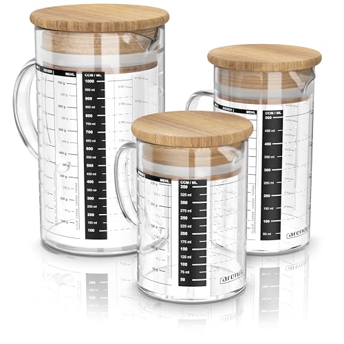 Arendo - Messbecher Set aus Glas - Größen 350ml 500ml 1000ml (0 35l 0 5l 1l) Messkrug Glas Krug Borosilikatglas präzise Skala hitzebeständig Glasbehälter mit Bambusdeckel - Silikondichtung