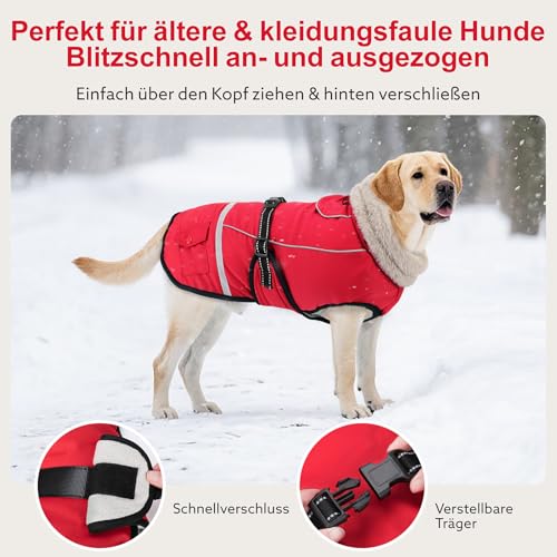 Woiil Hundemantel Wintermantel, Hundejacke Wasserdicht für Grosse Hunde mit Verstellbaren Schultergurten, Warm Hundemantel aus Fleece, Reflektierende Streifen,Geeignet für Labrador Rot, XL