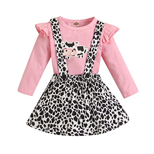 Toddler Baby Girl Ruffled Fly Sleeve Cow Top Shirts + Leopard Suspender Skirts Overall Dress Clothes