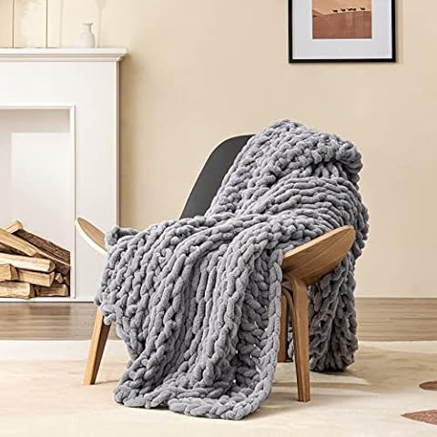 HBlife Chunky Knit Throw Blanket 40X40 Inches, Super Warm Soft Chenille Yarn Cable Knitted Blankets and Throws Boho Giant Cozy Thick Crochet Blanket for Sofa Bed Couch, Storm Grey Cover
