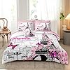 Paris Bedroom Comforter Set Pink France Bedding Comforter Queen Size Bed in a Bag with Pink Sheet Set Cherry Blossom Butterfly Women Girls Queen Bed Set #1