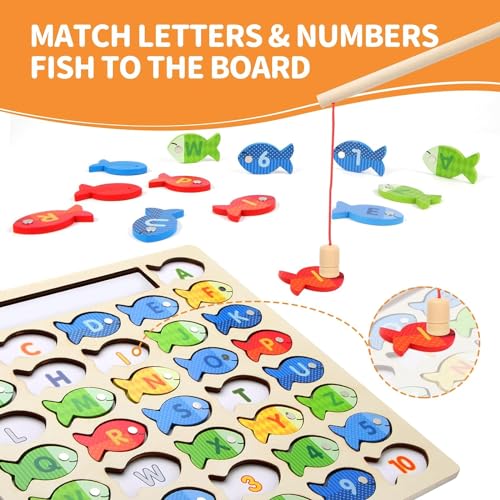 Image of Lefan Wooden Magnetic Fishing Game for Toddlers, Montessori Fine Motor Skills Toy with Letters and Numbers, Preschool Learning ABC and Puzzle Birthday Toys Gift for 3 4 5 6 7 8+ Year Old Kids(2 Poles)