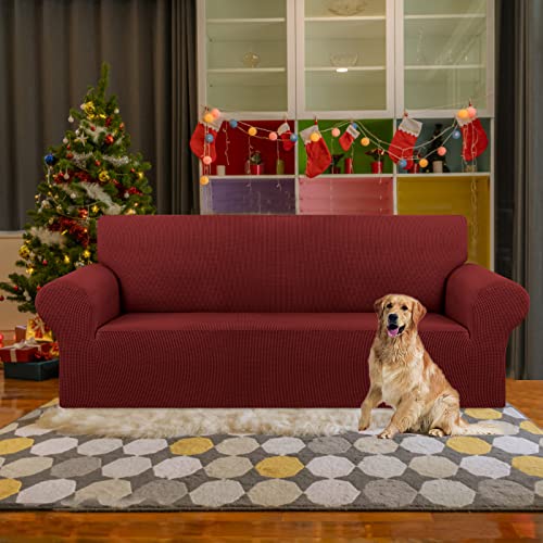 KEKUOU Stretch Sofa Cover Slipcover ,Couch Covers for 3 Cushion Couch Sofa pet Friendly (78"-94") Furniture Protector Sofa with Elastic Bottom for Kids,Dog, Jacquard Small Checked(Large,Dark Red)