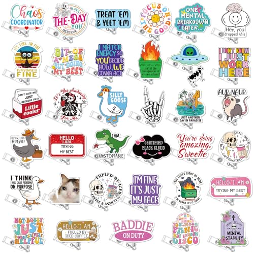 Geyoga 36 Pcs Funny Badge Reel Cute Nurse Badge Reel Retractable Nurse Quote Name ID Clip Cute Nursing for Doctor Teacher Employee Office Assistant Supplies Bulk Gifts(Funny)