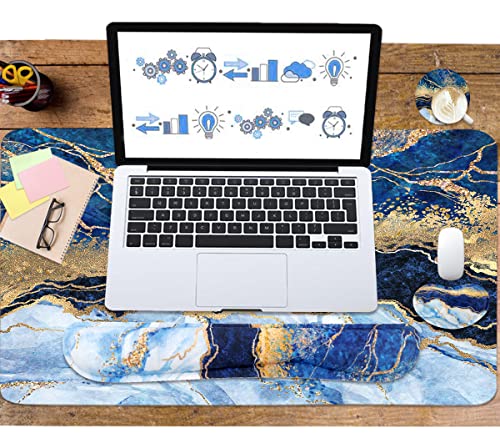 Image of 4-in-1 Large Gaming Mouse Pad, Keyboard Wrist Rest Pad & Wrist Support Mousepad Set, Extended Desk Pad Waterproof Desk Mat for Home Office Study Game - Blue Gold Marble