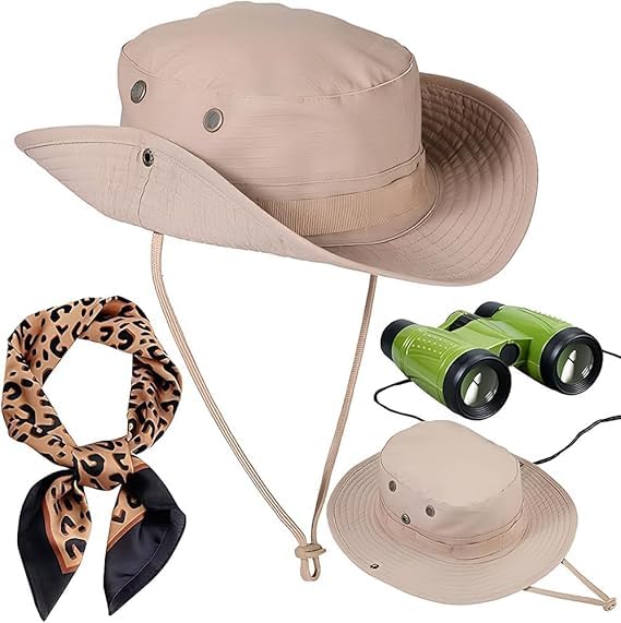 3 PCS Safari Costume Accessories Set, Explorer Zoo Keeper Costume, Safari Sun Hat, with Leopard Print Scarf Green Binoculars for Women Dress Up, Safari Outfit Accessories for Cosplay Party