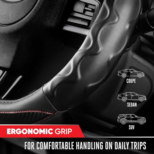 Image of Motor Trend Redline D-Shaped Steering Wheel Cover - Premium Flat Bottom Car Steering Wheel Cover, Black Faux Leather Sterring Wheel Cover, Standard 15 inch
