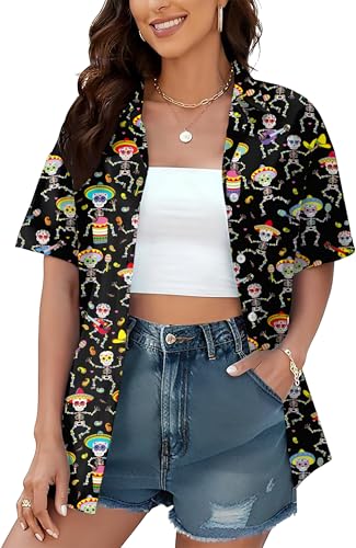 Dia De Los Muertos Shirt for Women: Day of The Dead Skeleton Shirts Funny Sugar Skull Graphic Tops Button Down Blouse(Purple2 Medium)