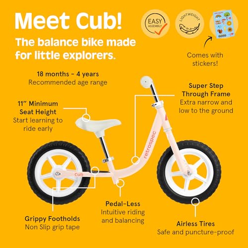 Image of Retrospec Cub Toddler Balance Bike for Ages 18 Months - 3 Years - 12in No-Pedal Beginner Bicycle with Adjustable Seat, Puncture-Proof Tires & Safe Low Frame Design