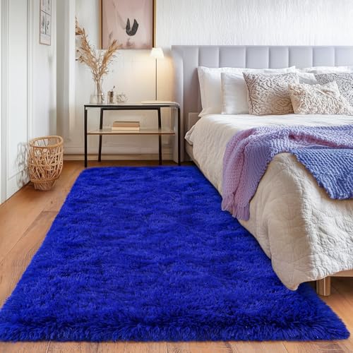Runner Rugs for Bedroom, 2x6 Fluffy Throw Area Rug Non Slip for Bedside Dorm Hallways, Long Soft Shag Carpet for Nursery Living Room, Royal Blue
