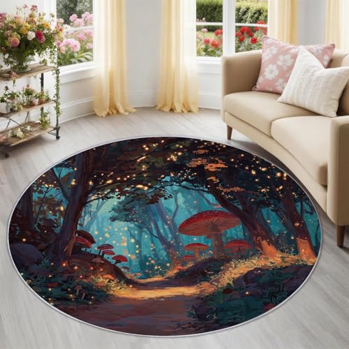 Poils courts doux tapis rond enfant lavable 60 cm champignons