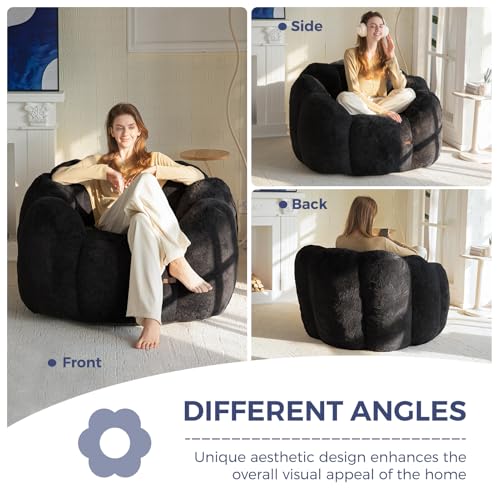 Image of MAXYOYO Bean Bag Chair for Adults, Floral Shaped Bean Bag Sofa, Ultra Soft Faux Fur Floor Sofa, Large Reading Chair for Living Room Bedroom, Black, Single